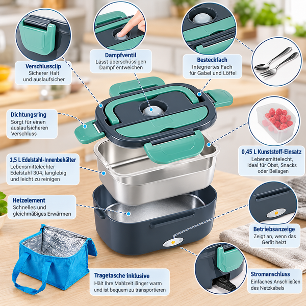 Elektrische Lunchbox 1,5 l – 60 W für Büro, Auto und LKW