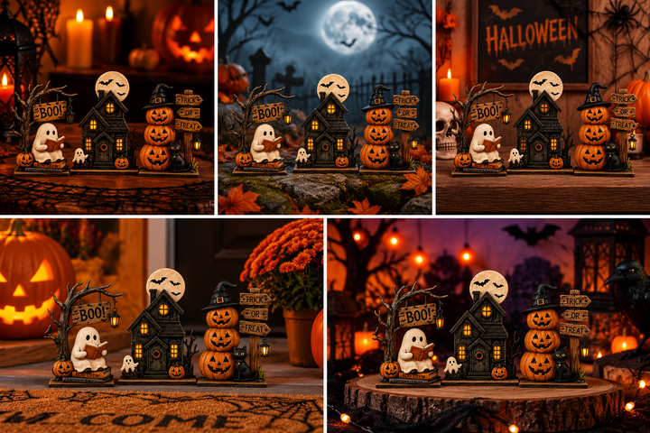 Halloween-Holzdeko – Geist, Spukhaus & Kürbisse mit Katze, 3er-Set