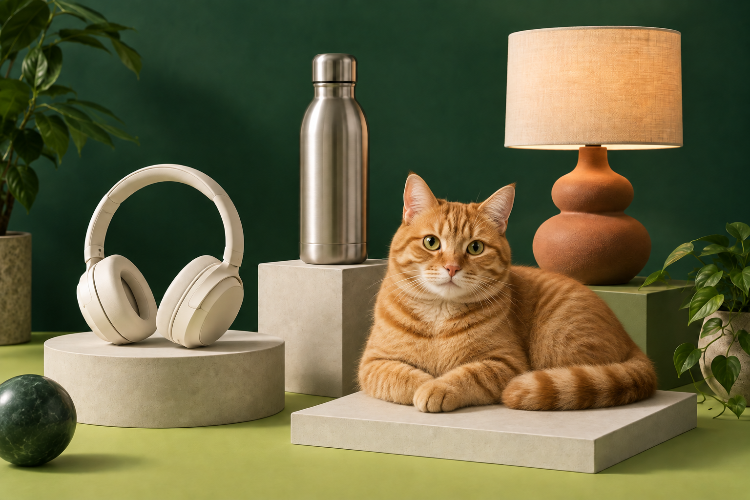 Dekorative Lifestyle-Komposition mit einem roten Kater, Kopfhörern, Trinkflasche und Leuchte